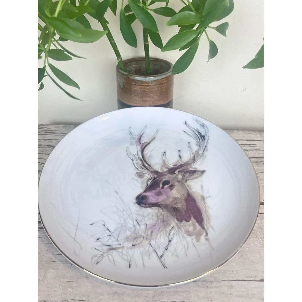 Vintage 1976 Woodland Haven ENESCO Buck Deer Gold Rimmed Dessert Plate 8” Retro